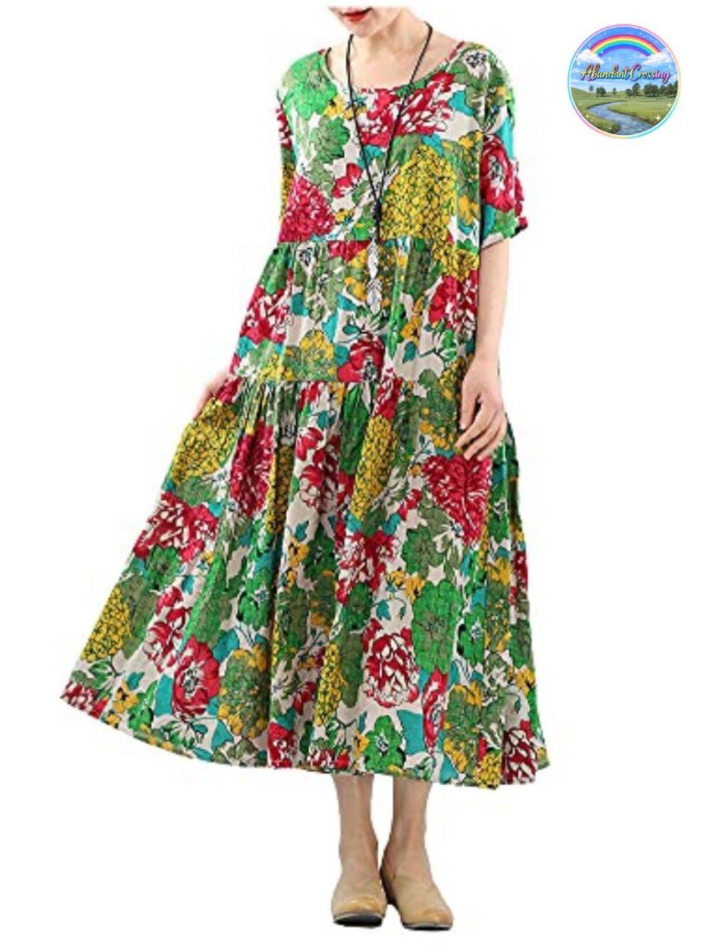 Bohemian Maxi Dress Cotton Short Sleeve Floral A-Line Beach Summer